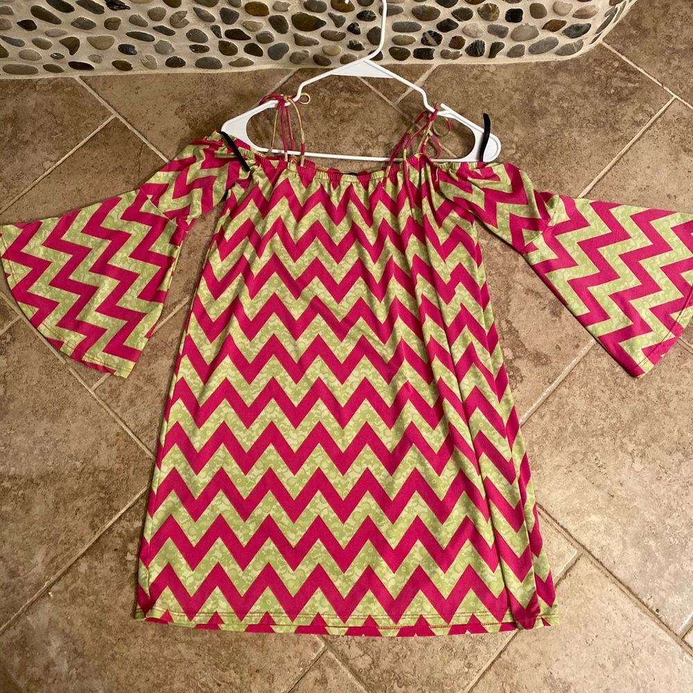 Hot pink and lime off shoulder chevron dress